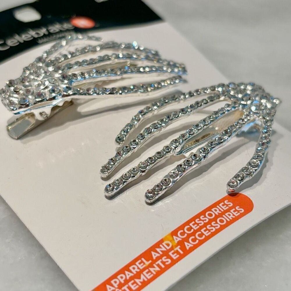 NWT Celebrate It Halloween Skeleton Hands Rhinestone Hair Clips Pair Silver OS